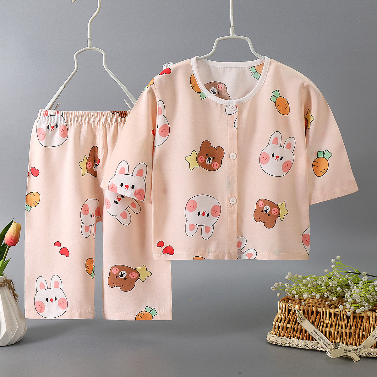 Children's Cotton Silk Pajamas Set Summer Baby Thin Cardigan Home Clothes Baby Cotton Silk Air-Conditioned Clothes One Piece Drop Shipping