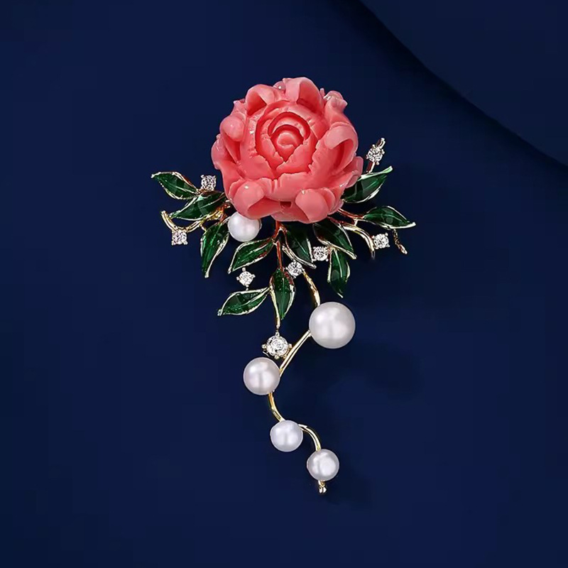 National Color Peony Flower Brooch High-end Women's Dogsome Elegant Pearl Corsage Suit Coat Enamel Pin Accessories