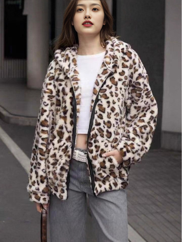 欧美跨境热销印花双面毛绒拉链连帽开衫休闲秋冬女毛绒外套独立站|undefined