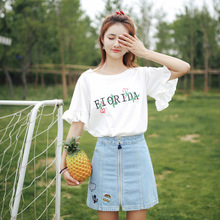 刺绣2024夏季新款韩版女装喇叭袖短袖恤女士学生上衣潮一件代发