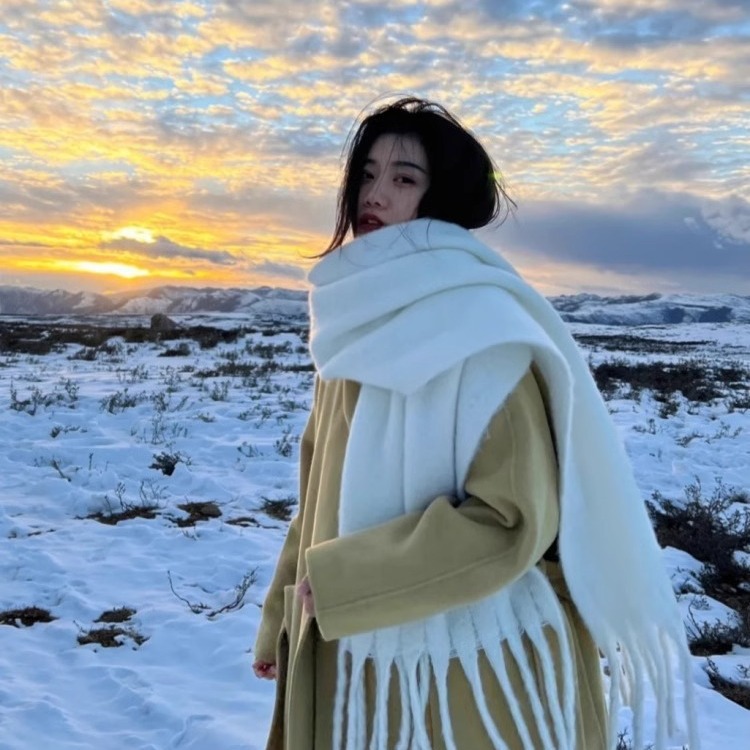 Bufanda Térmica de Color Liso con Flecos de Imitación Lana para Invierno
