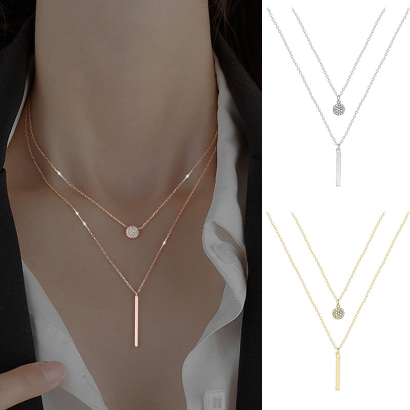 Collana lunga geometrica a doppio strato circolare scintillante per donna con stile minimalista e diamanti alla moda intarsiati_voghion.com