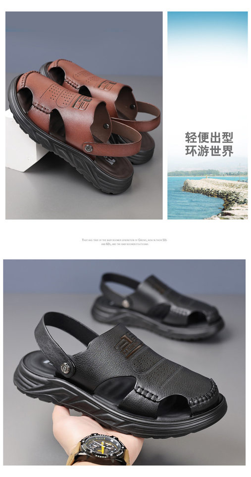 Dép sandal nam bít mũi da bò lớp đầu đế dày thoáng khí gót 3 cm — Màu nâu, Màu đen chi tiết 19