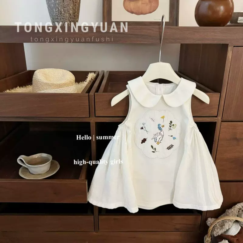 【童星圆】爱丽丝！法式女宝宝绣花贴布无袖连衣裙女童装翻领裙子