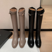 新品经典H家图片骑士靴牛皮纯手工圆头一脚蹬厚底骑士靴长筒靴女