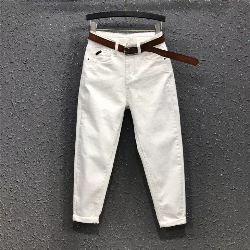 Plus-Size White Stretch Straight-Leg Jeans for Women, Summer Thin Style, High-Waisted, Slimming, Harem Dad-Style Cropped Pants Plus-Size White Stretch Straight-Leg Jeans for Women, Summer Thin Style, High-Waisted, Slimming, Harem Dad-Style Cropped Pants