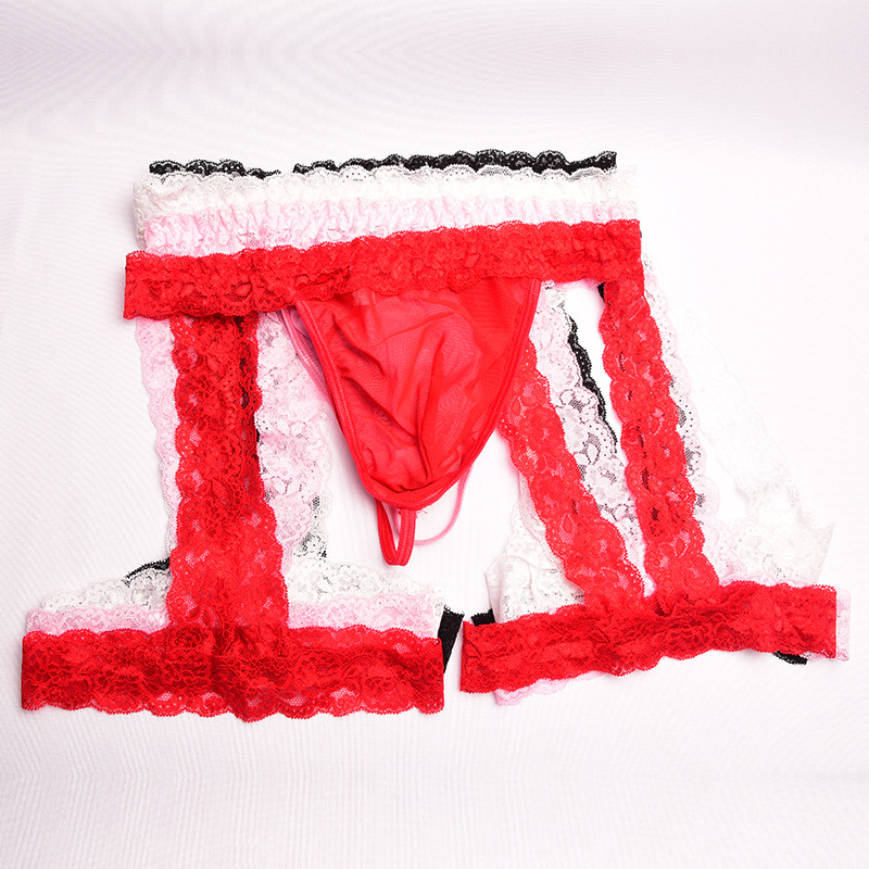 Lace Trimmed Thong Men's Sexy Underwear Transparent Mesh T-Pants Leg Binding Style See-Through Shorts_voghion.com