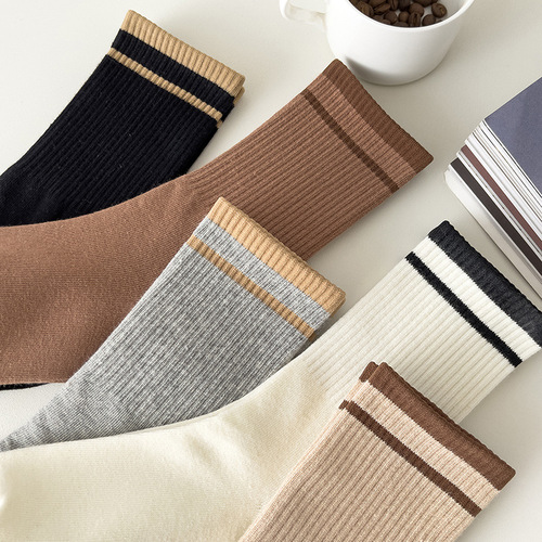 One-piece mechanism spring and autumn solid color simple two-bar striped mid-calf socks college style ins trend versatile sports trend socks
