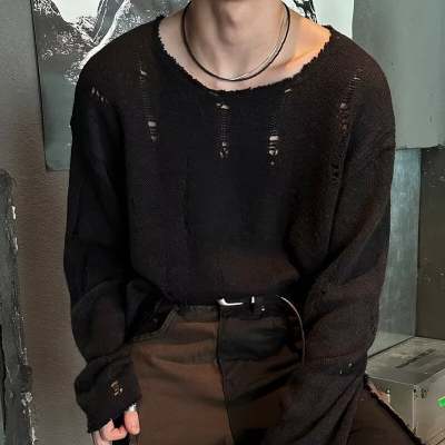2026 new American-style distressed knit long-sleeve top, unisex, retro, niche, loose fit, lightweight, and casual