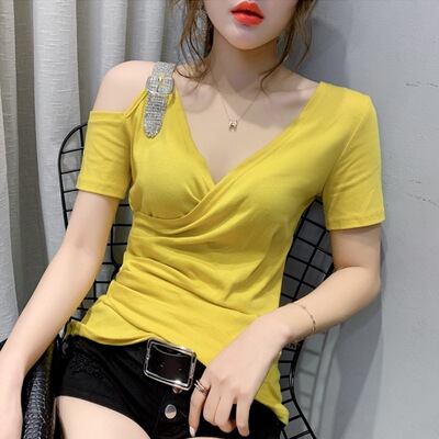 V. Primer Short sleeved T-shirt Self cultivation 2022 Summer wear new pattern Europe station Western style clavicle Show thin strapless jacket