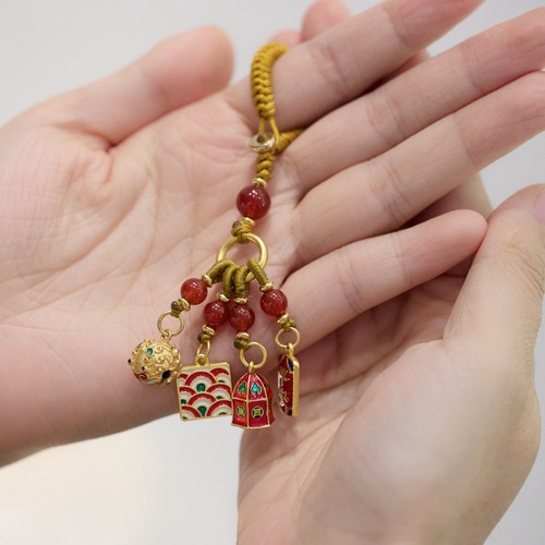 Chinese retro enamel God of Wealth brass keychain ancient sand gold animal year handmade hanging ornaments small gifts wholesale
