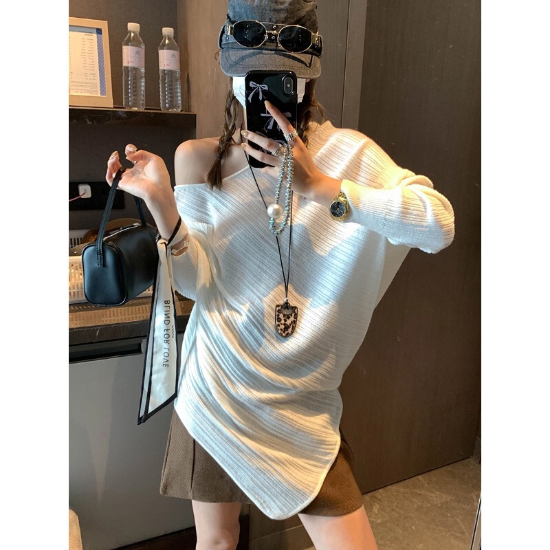 Moqie Designer Style Gentle Irregular Texture Asymmetrical Shoulder Batwing Sleeve Ribbed Knit Sweater Mq0778
