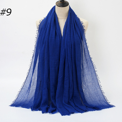 Best-selling pleated single-color cotton headscarf, simple cotton-linen pressed-pleated fringed edge women's gauze scarf versatile scarf factory source