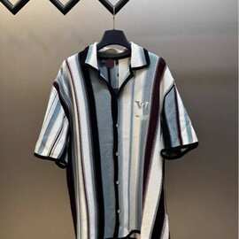 2025SS春夏新款条纹钩针短袖衬衫男女宽松T恤 外贸跨境