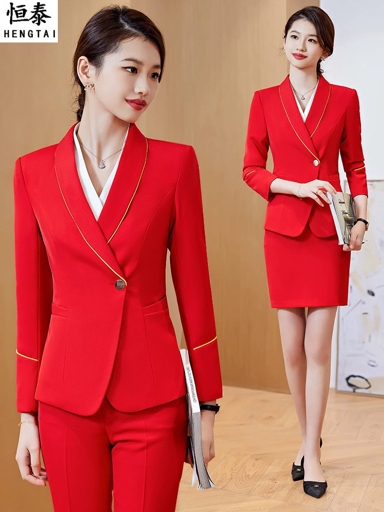 Красный Отель Ресторан рабочая одежда деловой костюм женский весенний и осенний Темперамент богиня Вентилятор Yingbin приемное платье