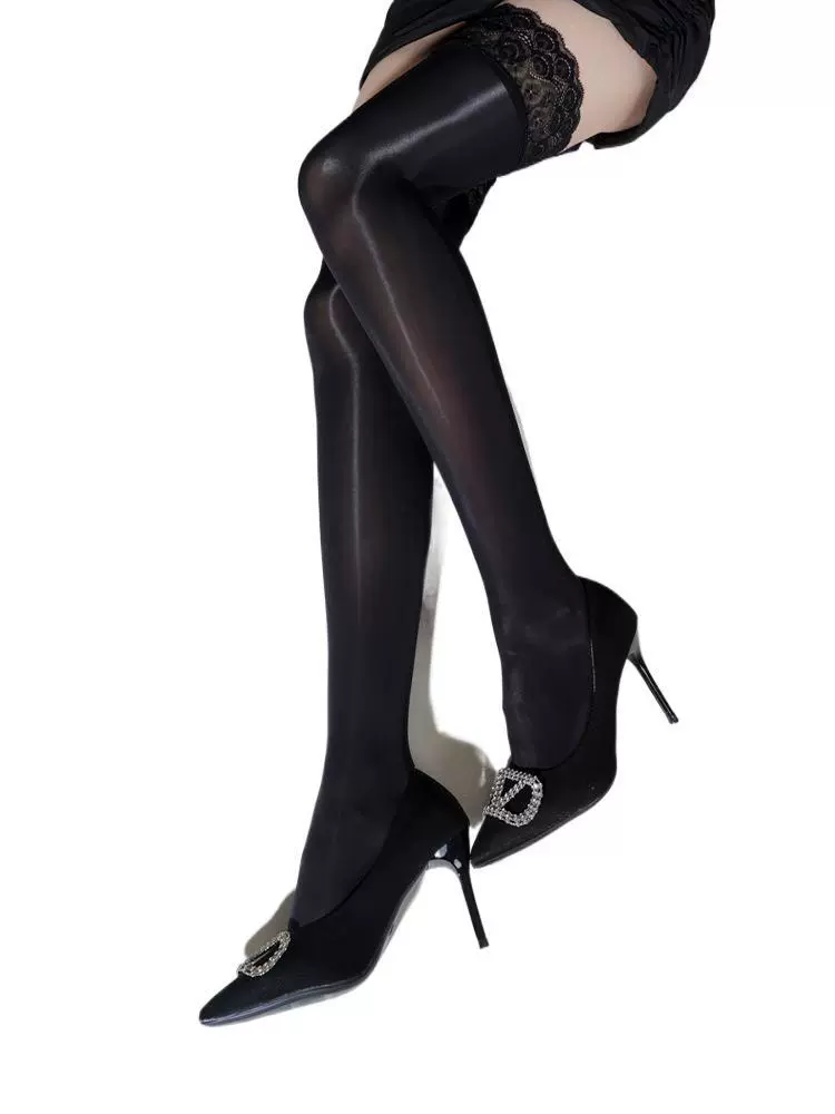 Fengqing "Bird Feather" 8D Aurora Oil Shiny Bird Feather Lace Stockings 912 Needles High Density Silky Oily Thigh Socks