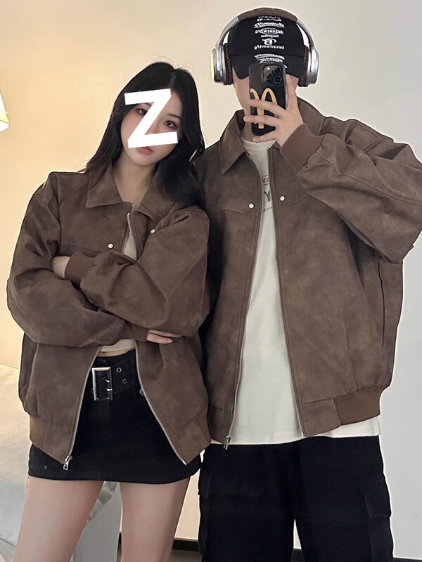 American Retro Brown Lapel Leather Jacket Women's Jacket Maillard High-End Suede Couple Jacket Autumn and Winter Top