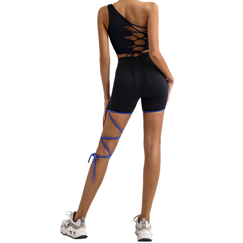 Europeo y americano deportes traje de Fitness Mujer de un hombro belleza espalda yoga superior cintura alta entrenamiento de secado rápido con cordones cortos conjunto de dos piezas