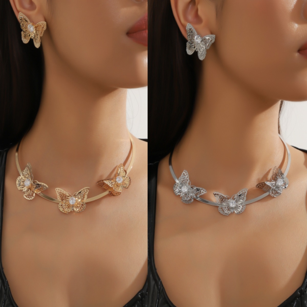 Moda europea y americana nueva mariposa de metal pendientes collares de joyería hip-hop personalidad conjunto de moda para mujeres accesorios exagerados