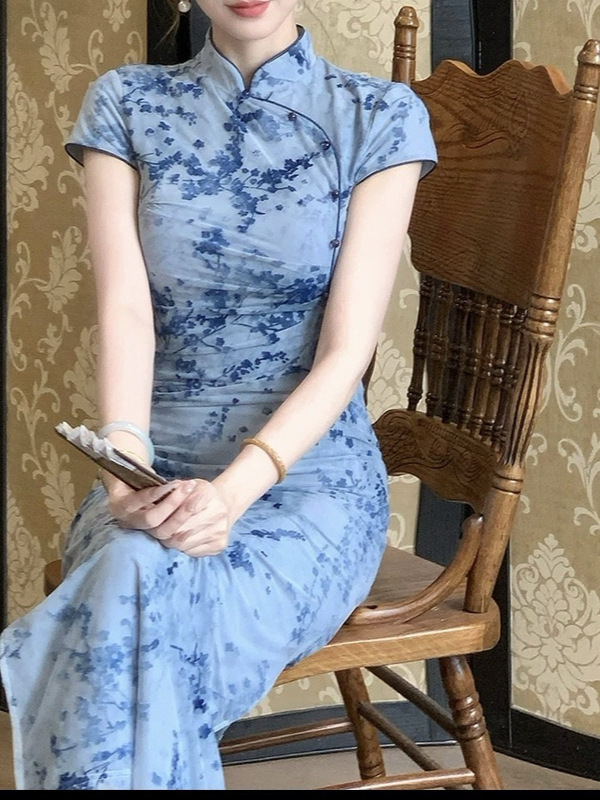 Plum Blossom Chinese Style Retro Modified For Women, Summer Cheongsam Collar Waist-Cinching Dress, 2025 New Model,_ecoleips.com