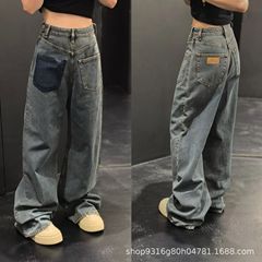 南油高版本25早秋新款美式复古做旧反口袋直筒休闲阔腿牛仔裤女