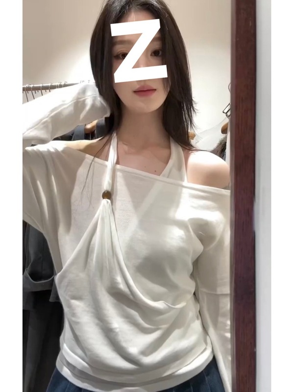 法式一字肩露肩纯欲风T恤女早秋交叉别致挂脖打底衫气质小众上衣|undefined