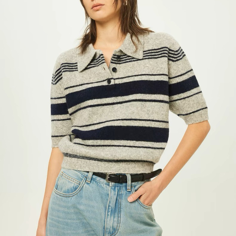 Fashionable Colorblock Striped Fluffy Lightweight Alpaca Wool POLO Lassel Short Sleeve Sweater