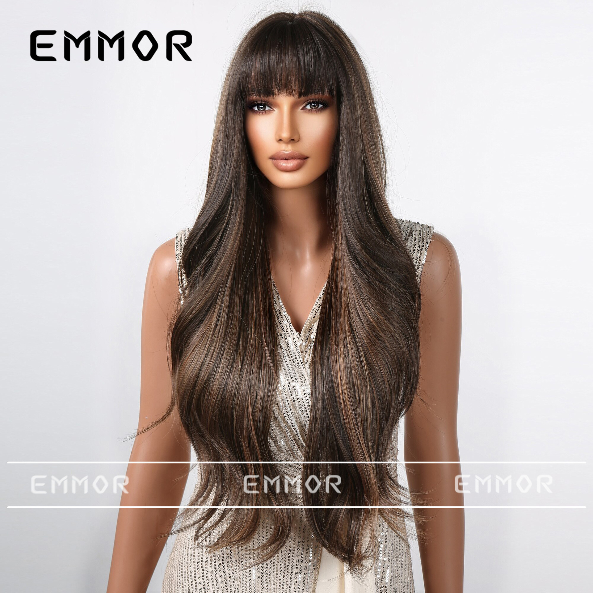 Estilo europeo y americano estilo clásico peluca para las mujeres nuevo estilo flequillo Pelo Largo fuera rizado temperamento moda todo superior fibra química peluca