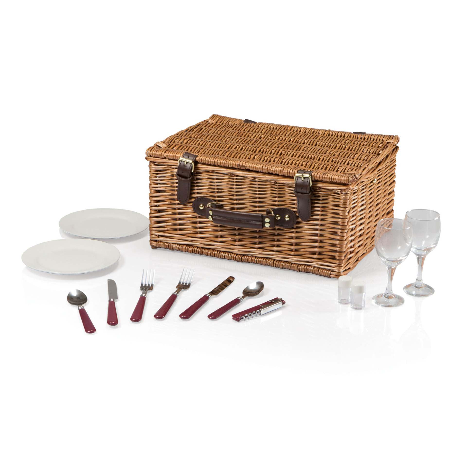 Cesta de picnic de ratán personalizada de comercio exterior Cesta de almacenamiento de vino tinto Cesta de regalo con vajilla Cesta de frutas Cesta de mano de mimbre americana