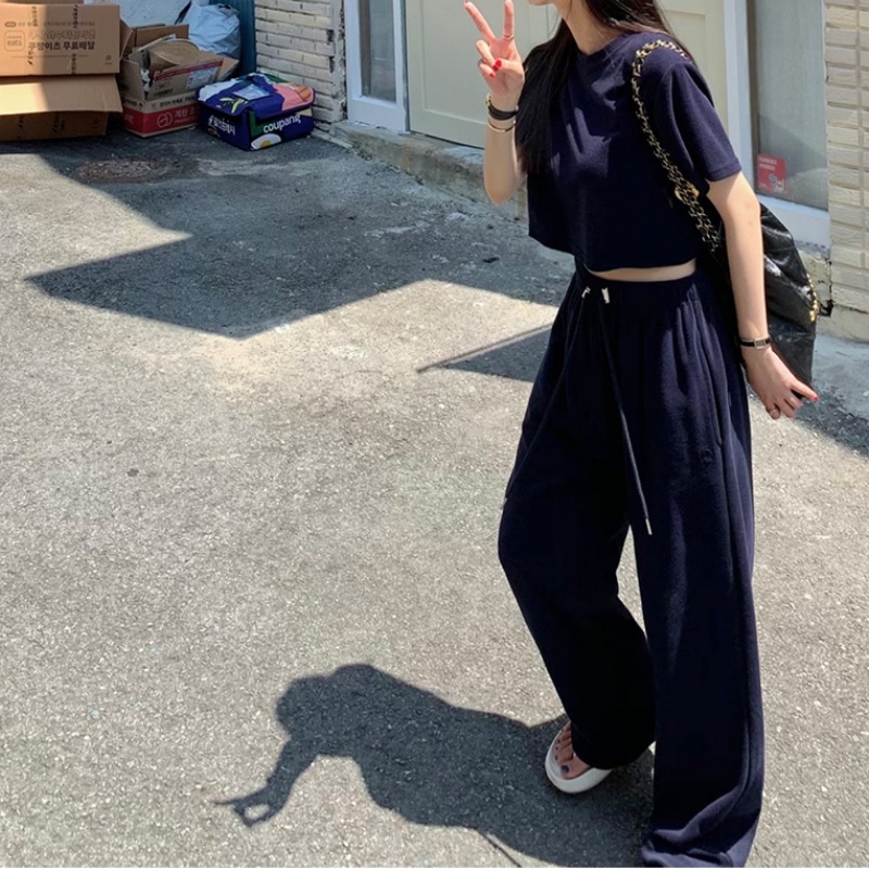 Dongdaemun Women's High-End Casual Fashion Sports Suit Short Round Neck Pullover Top + Wide-Leg Pants