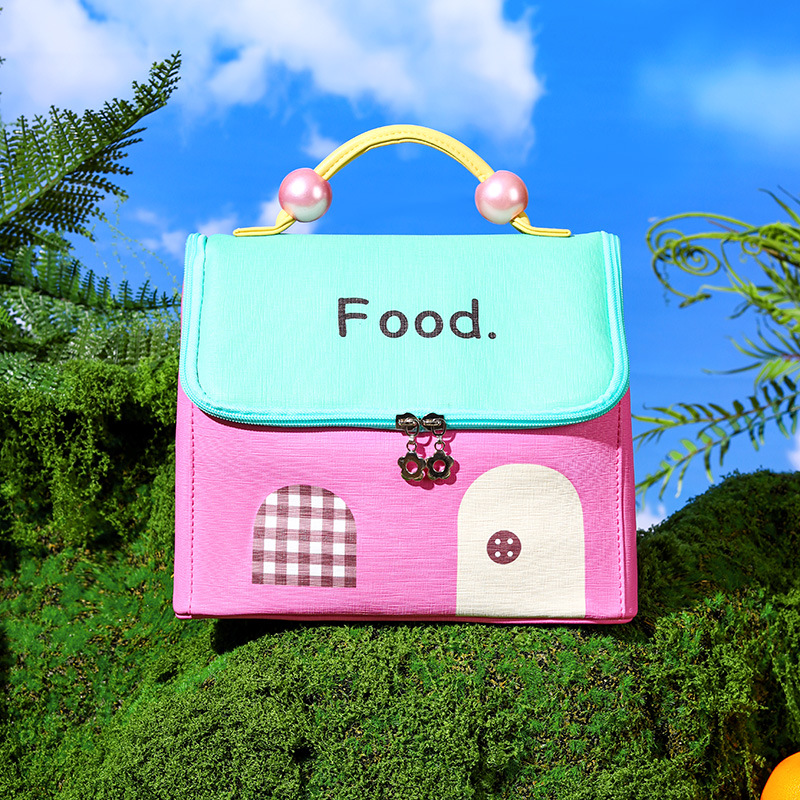 Bolsa de lonchera de alto valor, estilo caliente, linda casa pequeña, bolsa bento, bolsa de almuerzo con aislamiento, bolsa de almacenamiento portátil para el trabajo y la escuela
