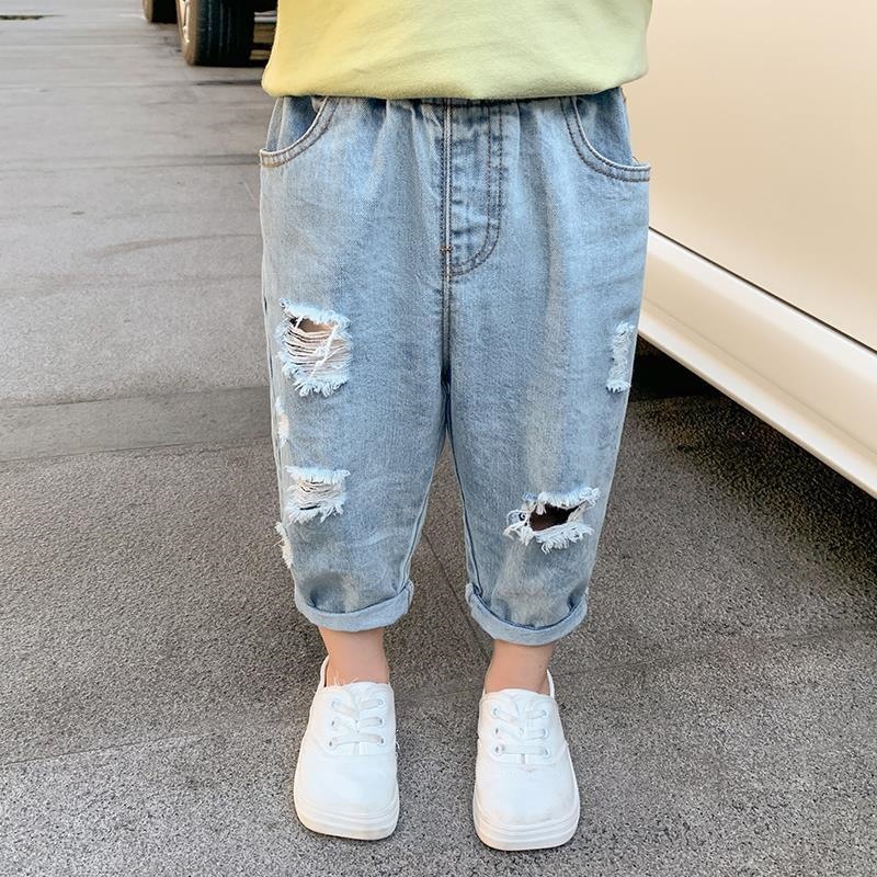 Boys' ripped soft denim jeans for spring and autumn, girls' summer Korean style loose-fitting thin cropped pants