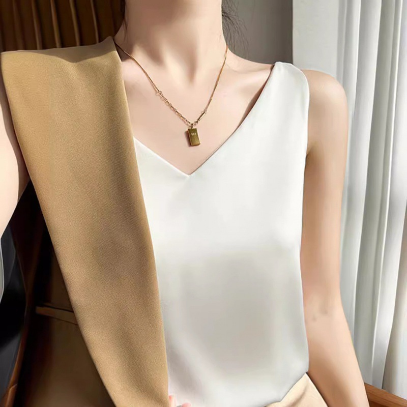 실크 카미솔 여성의 봄과 가을 세트 검은 민소매 베이스 아세트산 새틴 뽕나무 실크 V 넥 탑