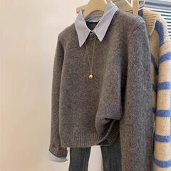 两件衬衫polo毛衣新款慵懒打底翻领灰色宽松针织衫上衣针织