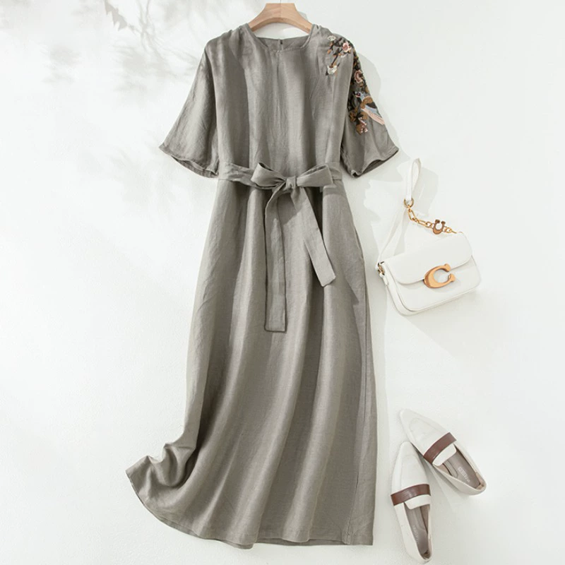 2025 новый летний стиль: женское платье в ретро-стиле с окрашенной пряжей, художественная свободная длинная юбка из хлопка и льна