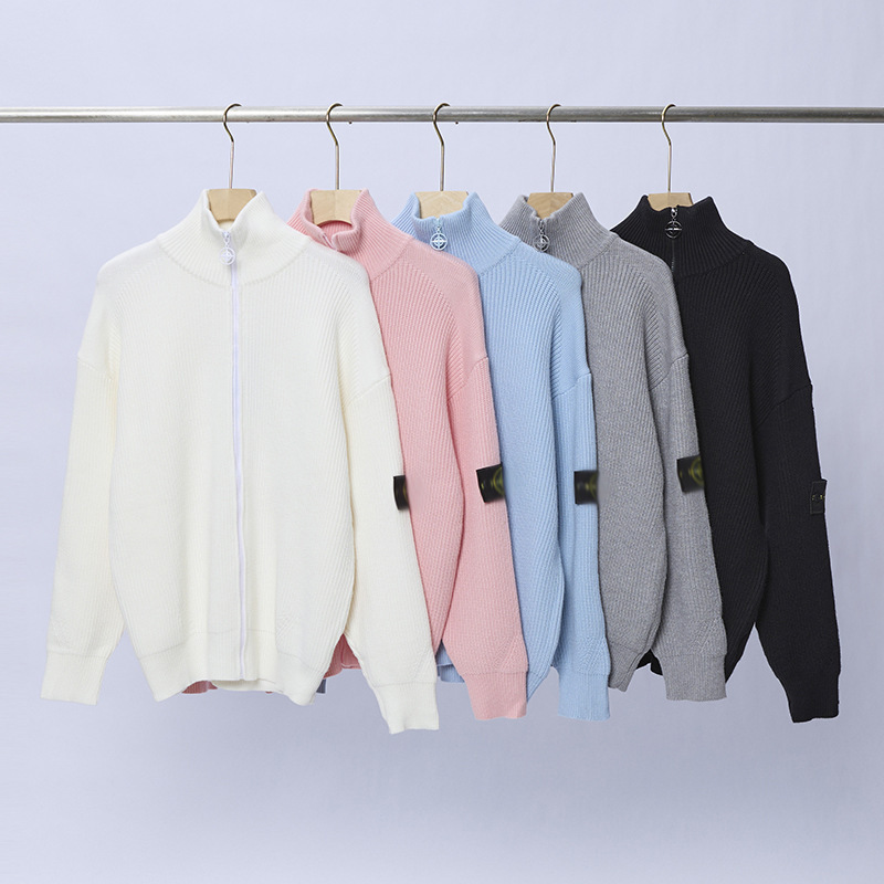 Cross-Border Stone Pure Color Zipper Cardigan Long-Sleeved Knitwear Men's Autumn and Winter Loose Lazy Badge Knitwear Jacket