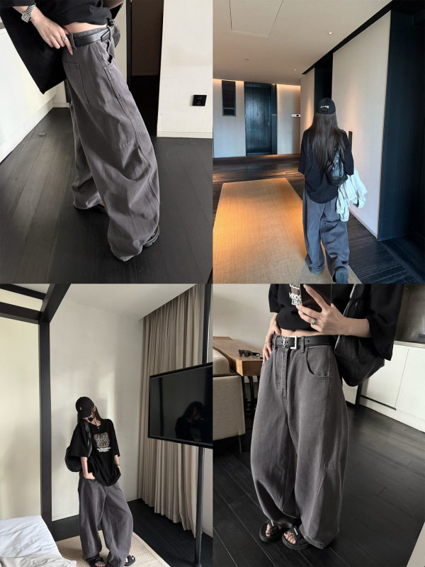 superniniyy 炒色工艺灰色宽松显瘦高腰阔腿裤休闲裤香蕉牛仔裤女|undefined