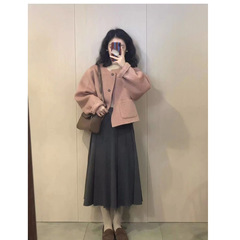 欧美跨境外贸粉色短款呢子大衣女秋冬新款韩系气质小香风毛呢外套