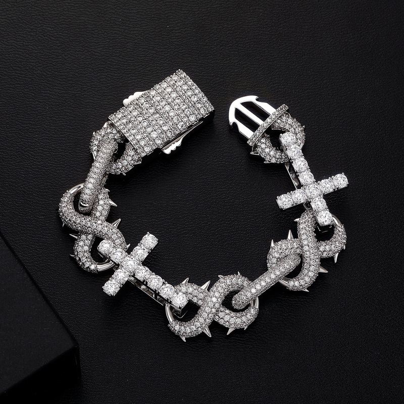 Cuban Chain Full Diamond Cross Bracelet for Men, Gold-Plated Zircon, Personalized Infinity Symbol, Trendy Hand Jewelry, Qixi Gift Cuban Chain Full Diamond Cross Bracelet for Men, Gold-Plated Zircon, Personalized Infinity Symbol, Trendy Hand Jewelry, Qixi Gift