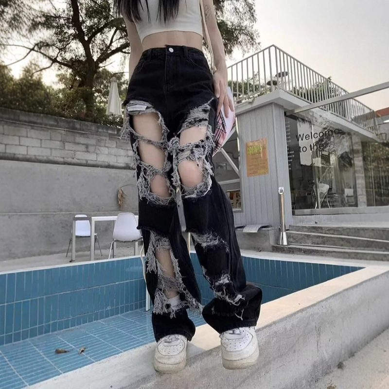 American High Street Design Ripped Tassel Jeans for Women Summer Niche High Waist Straight Loose Slimming Wide Leg Pants American High Street Design Ripped Tassel Jeans for Women Summer Niche High Waist Straight Loose Slimming Wide Leg Pants
