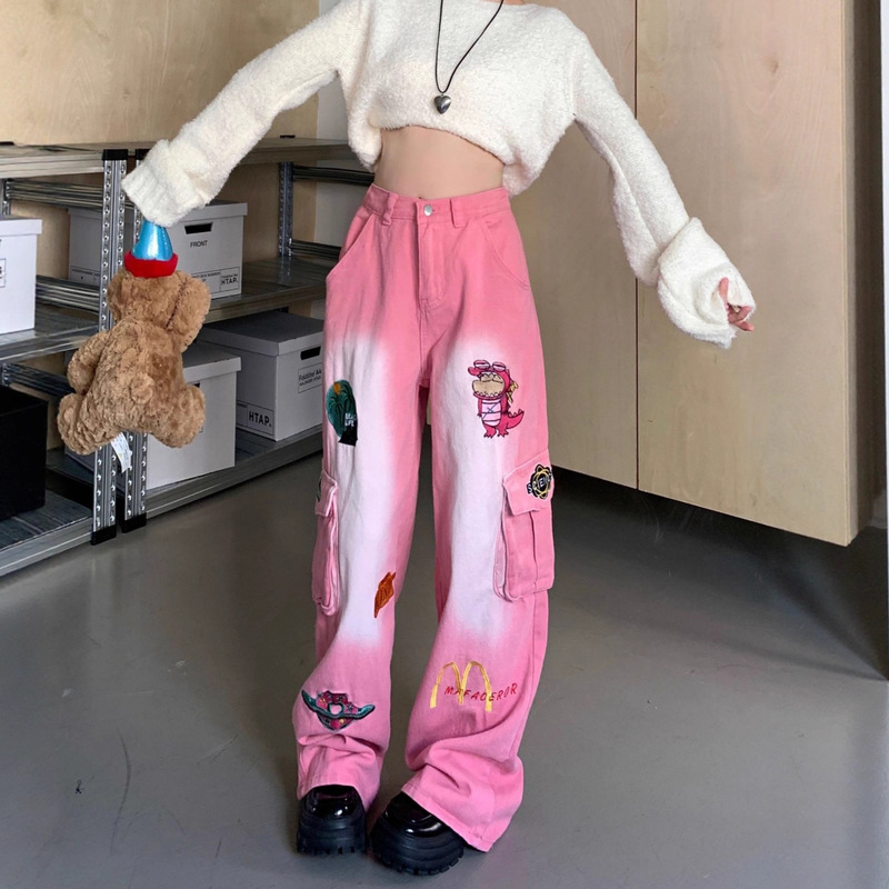 American Vibe Retro Cartoon Embroidered Pink Work Jeans Women's High Street Design Loose Straight Wide Leg Pants