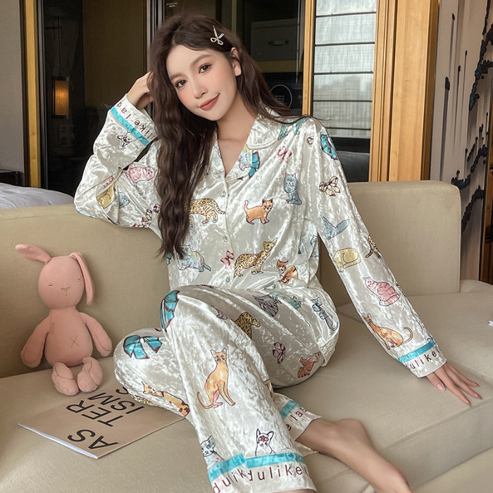 Luz de lujo estilo Chanel pijamas de las mujeres de terciopelo dorado solapa cardigan Otoño e Invierno de manga larga pantalones dulce casual traje de desgaste para el hogar