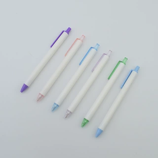 纯白色笔杆广告塑料圆珠笔 彩色笔夹简易款按动圆珠笔