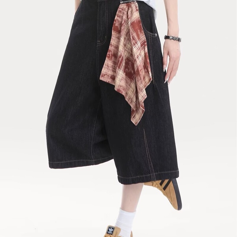Black Cropped Pants for Women Summer New American Retro Detachable Square Scarf Straight Wide-Leg Original Color Denim Shorts Trendy