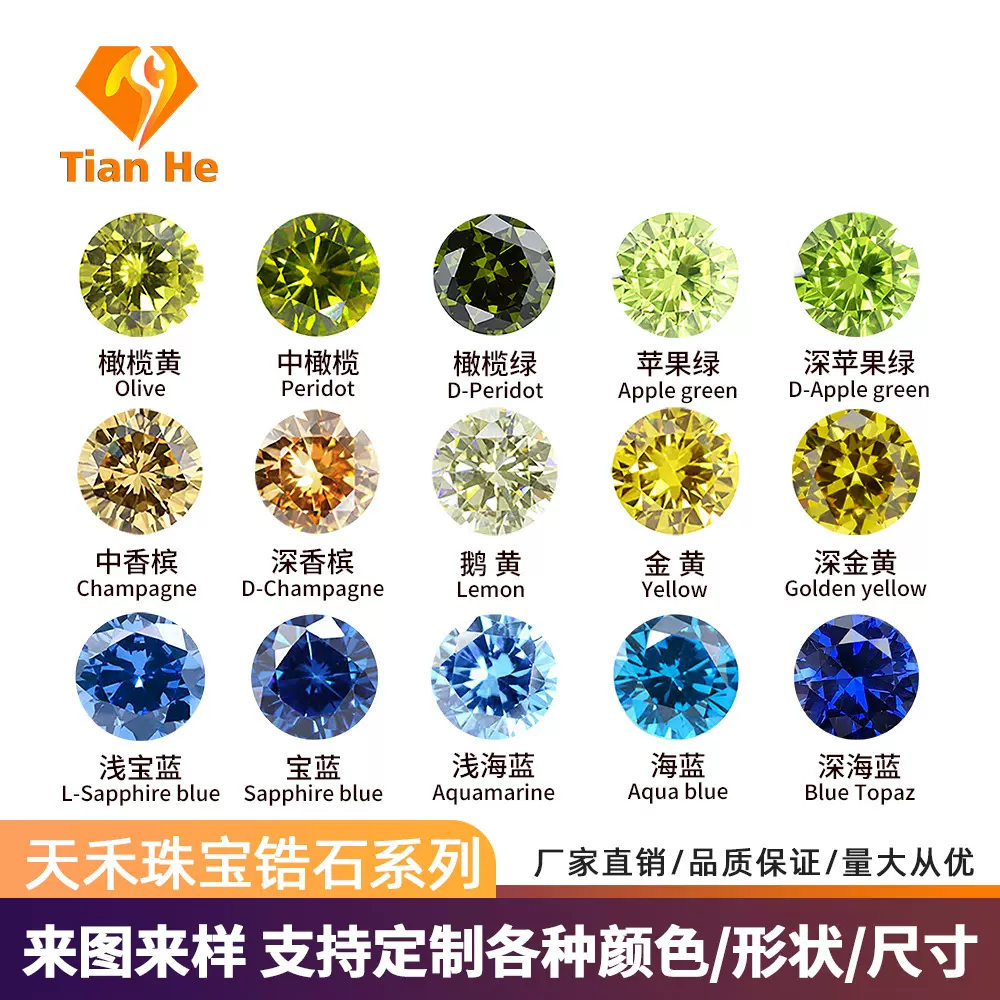 【梧州宝石】圆形彩色碎钻0.8-14mm3A锆石人工合成立方氧化锆厂家