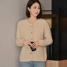 2025春重磅加厚毛巾绣圆领女宽松显瘦纯羊毛开衫毛衣女针织衫外套