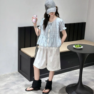 女童韩系时髦套装2026夏新款大童韩版甜美格子娃娃衫五分裤两件套