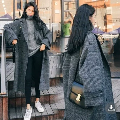 Клетчатое шерстяное пальто на флисовой подкладке, утепленное женское Свободное пальто средней длины в Корейском стиле, новинка зимы 2023, шерстяное пальто для студентов