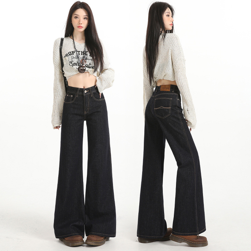 Like # American Denim Color Bootcut Jeans for Women Dark Blue Non-Leg-Fitting Casual Straight-Leg Flared Pants