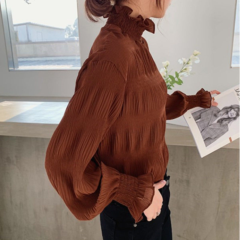 Women's Plus Size Chiffon Base Shirt Women's Chubby MM2021 Spring and Autumn Lace Ear Edge Semi-High Collar Age-Reducing Inner Top